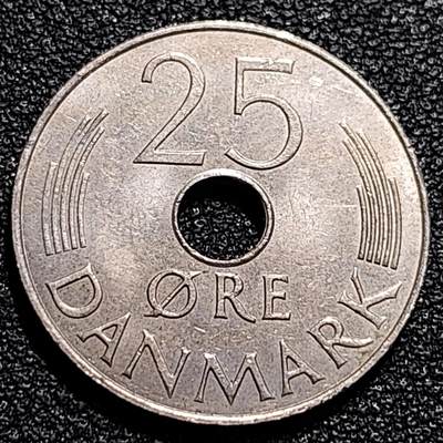 泉币菌-第74场-各国散币场 - 丹麦1986年25欧尔中孔镍币 玛格丽特二世花押 