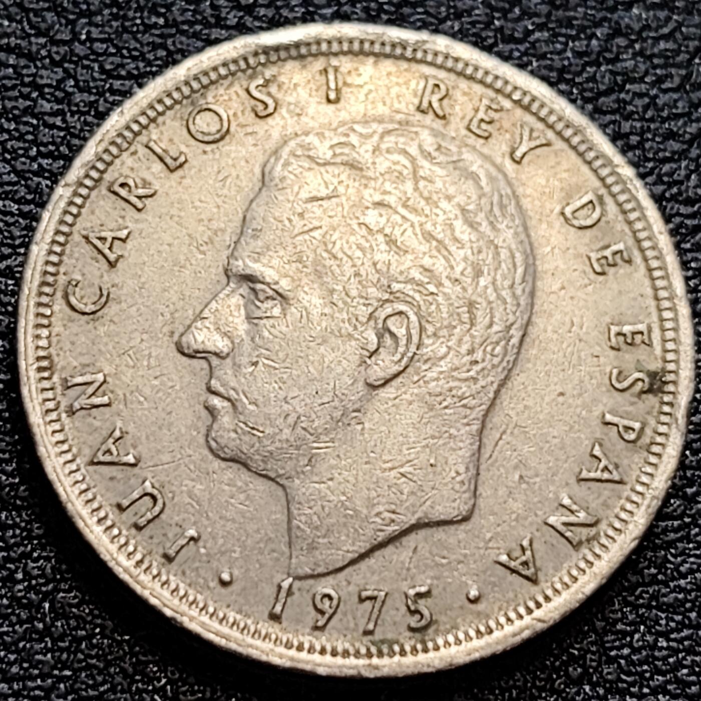泉币菌-第75场-各国散币场 西班牙1975年 5比塞塔镍币 卡洛斯一世 23mm  西班牙国徽