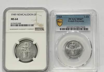 博洋堂世界钱币拍卖第134期（全场包邮） - NGC MS64 法属新喀里多尼亚1949年2法郎、PCGS MS67 法属波利尼西亚1965年1法郎2枚一对