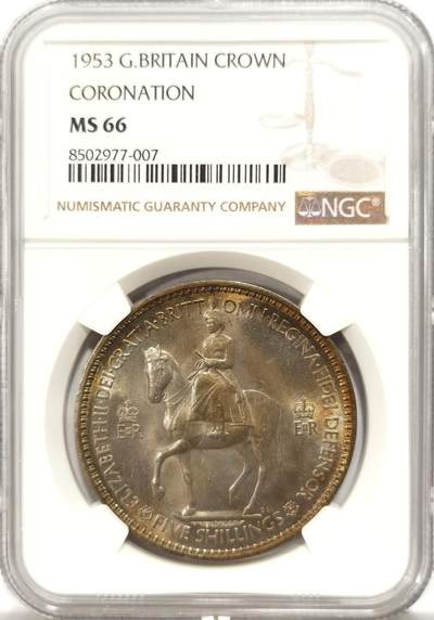 博洋堂世界钱币拍卖第134期（全场包邮） - NGC MS66 英国1953年伊丽莎白二世登基纪念克朗，高分少见，带彩更为难得
