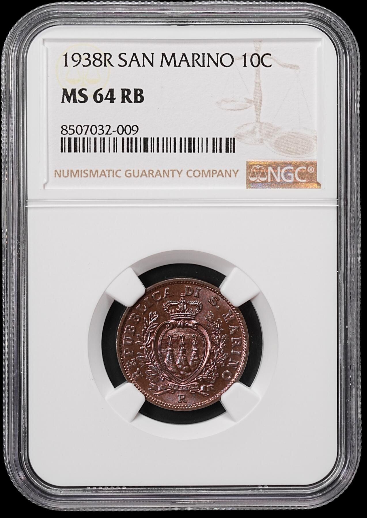 修遠堂世界钱币第八十期 NGC MS64RB 1938年圣马力诺10分铜币