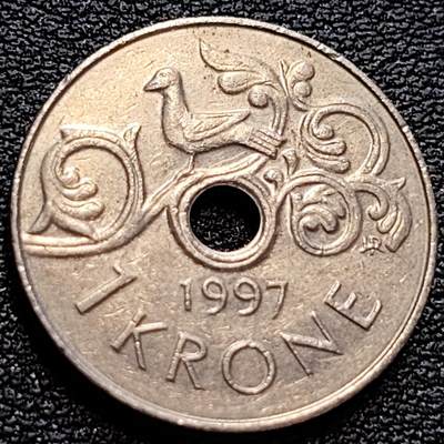 泉币菌-第78场-各国散币场 - 挪威1997年 1克朗硬币 哈拉尔五世皇冠 中孔铜镍币 21mm