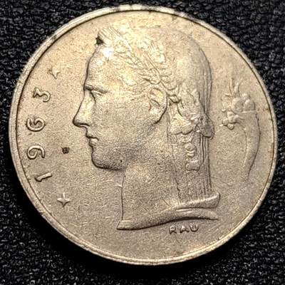 泉币菌-第77场-散币乐园场 比利时1963年1法郎铜镍币（佛兰芒文版BELGIË），谷物女神