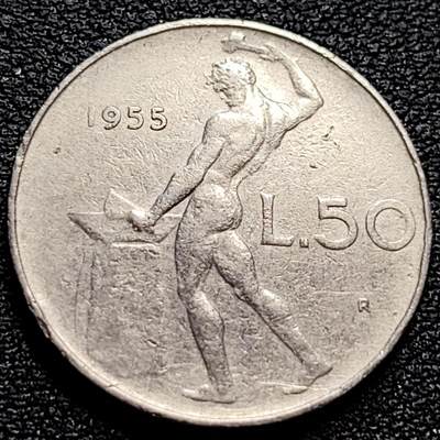 泉币菌-第77场-各国散币场 - 意大利 1955年 50里拉 锻冶之神 伍尔坎 24mm