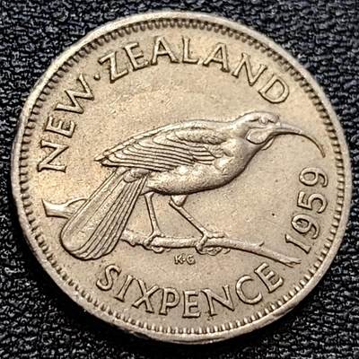 泉币菌-第78场-各国散币场 - 少见 1959年 英属新西兰6便士白铜硬币 垂耳鸦食蜜雀  19.3毫米