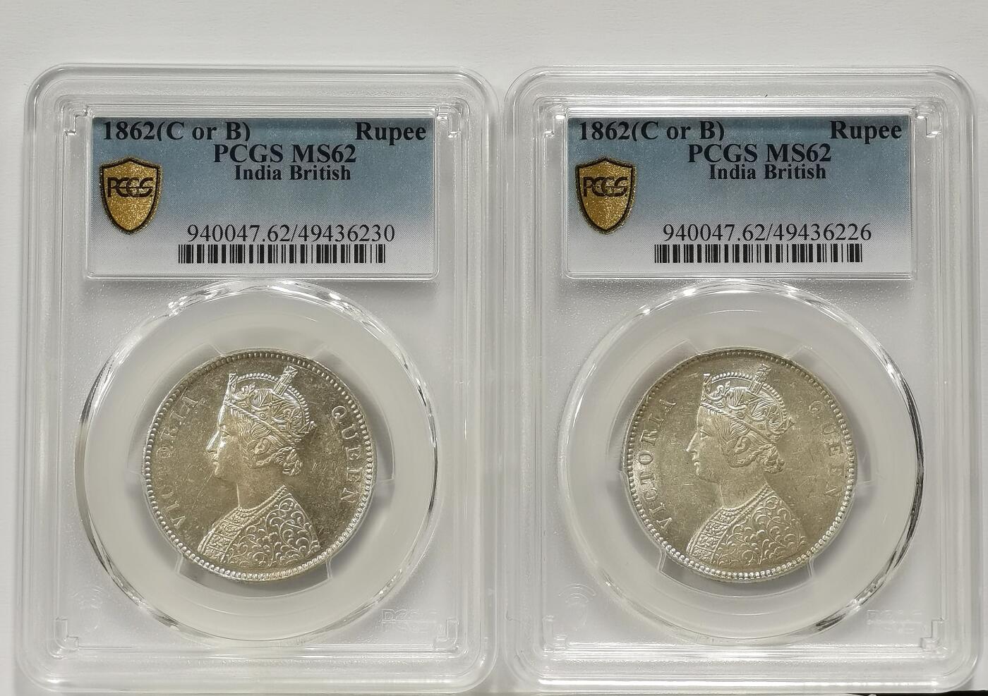 博洋堂世界钱币拍卖第137期（全场包邮） PCGS MS62 英属印度1862年维多利亚1卢比银币少见四点版2枚一对2