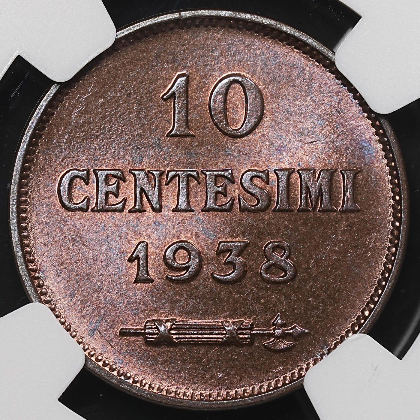 修遠堂世界钱币第八十期 NGC MS64RB 1938年圣马力诺10分铜币