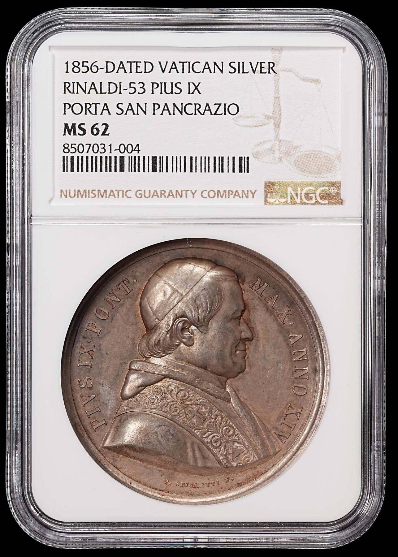修遠堂世界钱币第八十期 NGC MS62 1856年教皇国-圣潘克拉齐奥门纪念高浮雕大银章