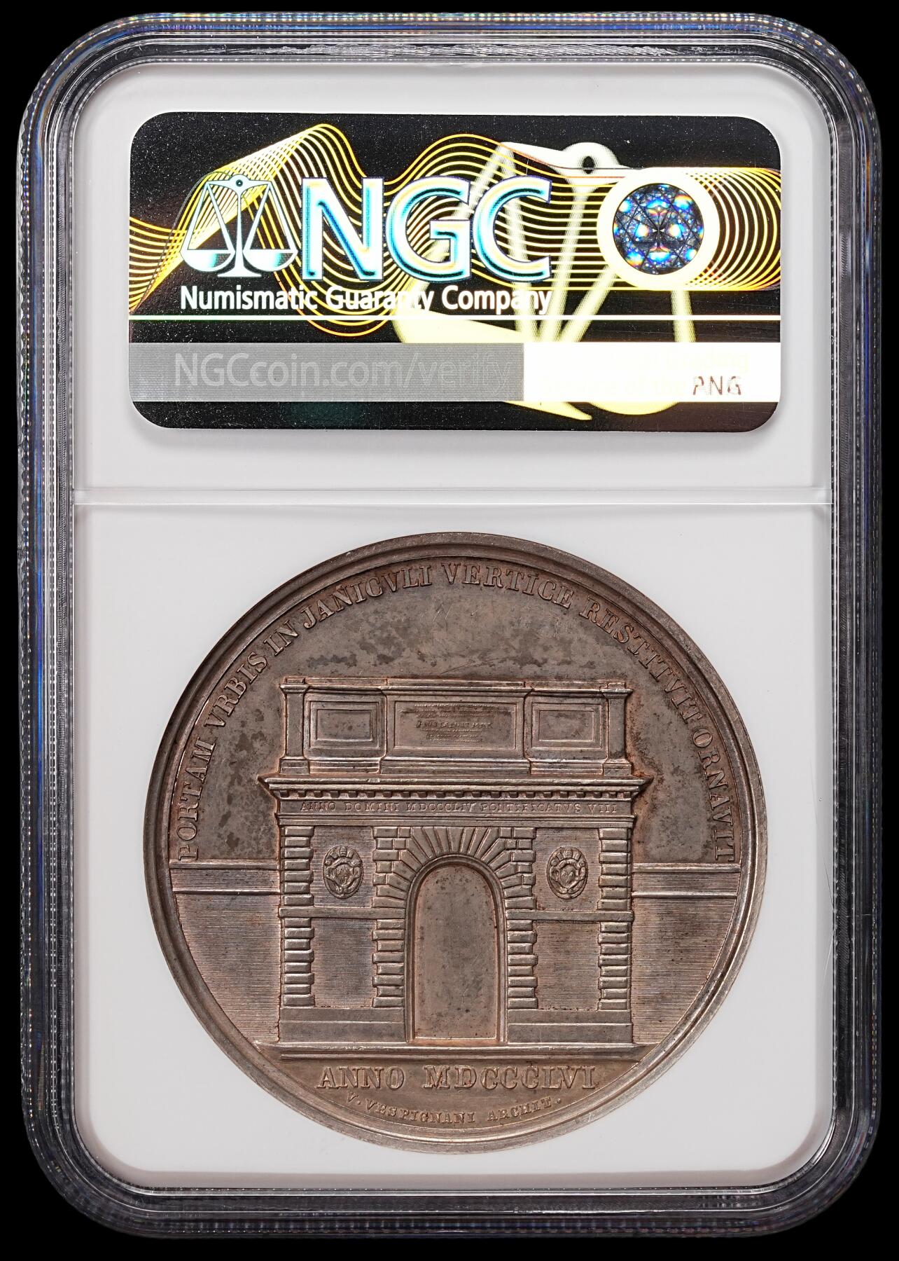 修遠堂世界钱币第八十期 NGC MS62 1856年教皇国-圣潘克拉齐奥门纪念高浮雕大银章