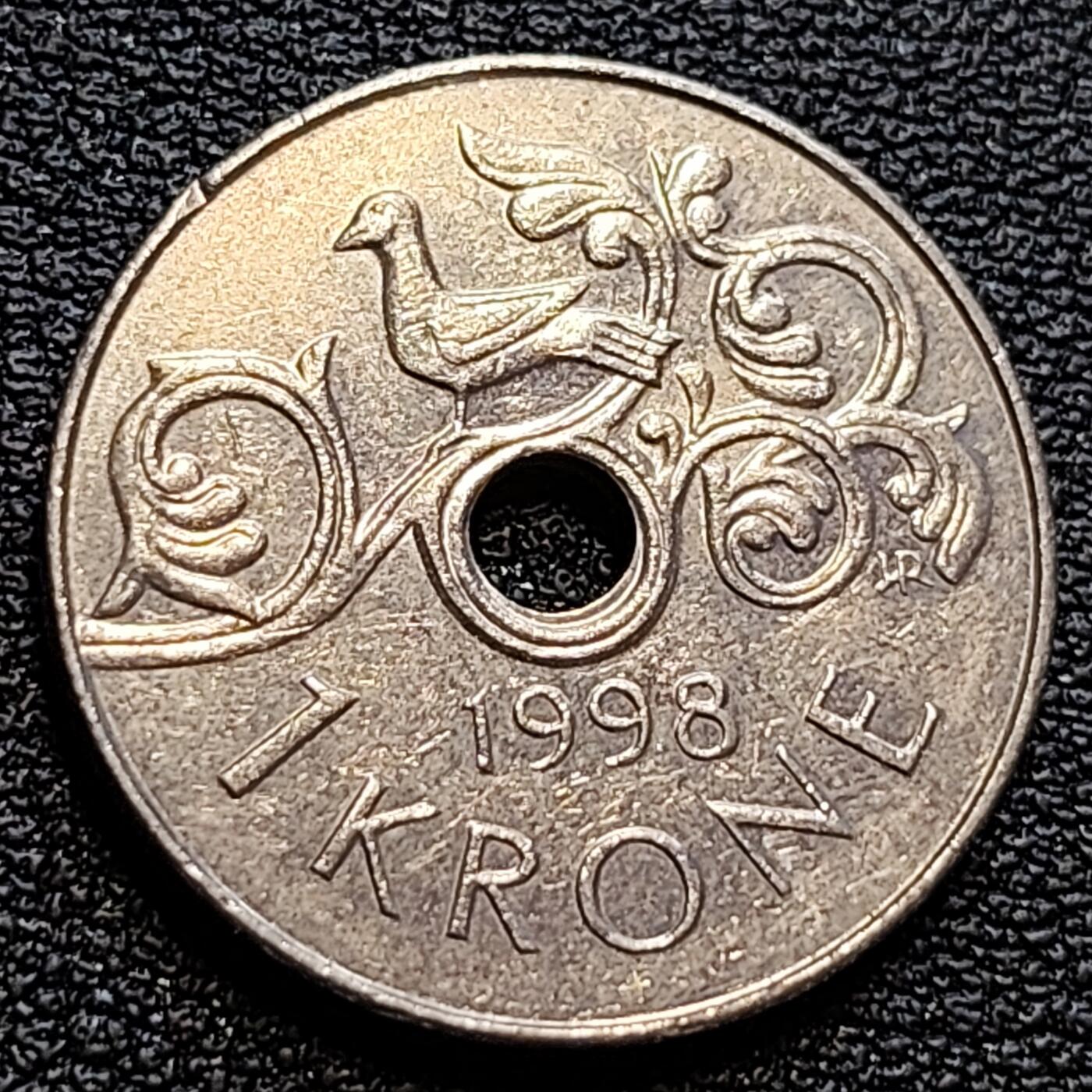 泉币菌-第78场-散币乐园场 挪威1998年 1克朗硬币 哈拉尔五世皇冠 中孔铜镍币 21mm