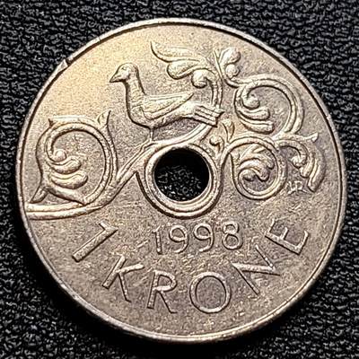 泉币菌-第78场-各国散币场 - 挪威1998年 1克朗硬币 哈拉尔五世皇冠 中孔铜镍币 21mm