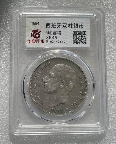世界钱币专场拍卖 - 1884年西班牙阿方索十二世5比赛塔双柱流通银币 25克90%银