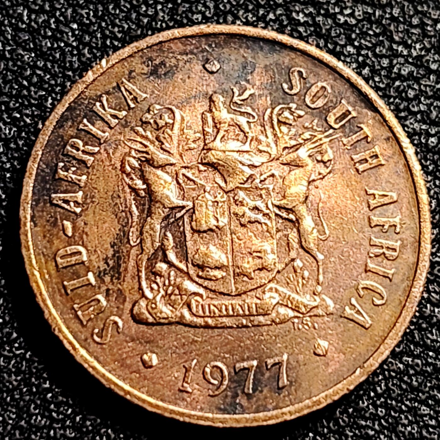 泉币菌-第80场-散币乐园场 包浆品 1977年南非1分 麻雀盾徽 青铜币  袖珍币