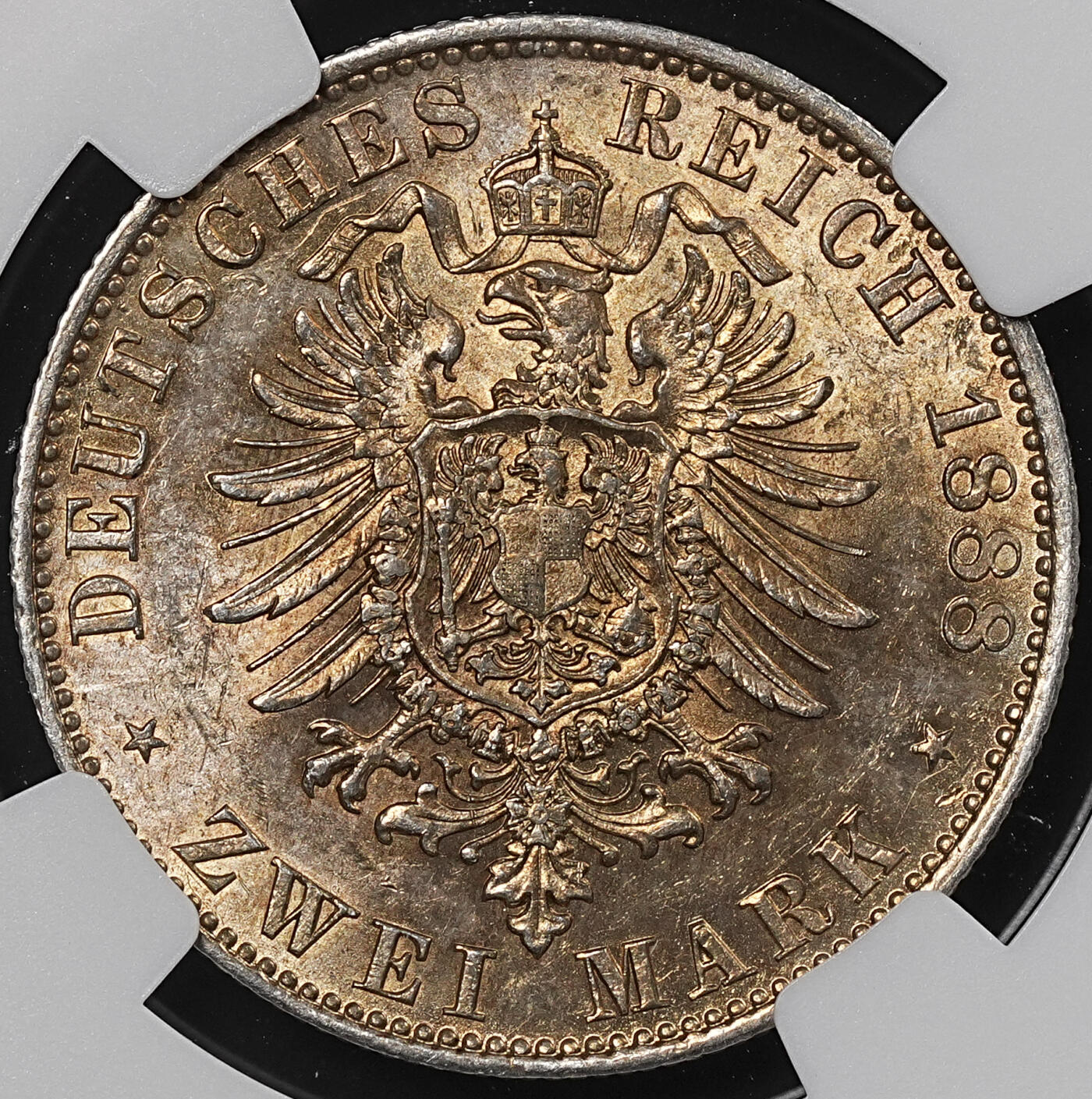 修遠堂世界钱币第八十期 NGC MS62 1888年普鲁士2马克银币 腓特烈三世 黄油彩