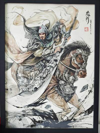 白泽拍卖卡牌手绘专场第22期中福卡展专场(离离暑云散，袅袅凉风起) - 鹿柠手绘画 关羽 尺寸：内37cm*52cm，外41cm*56cm