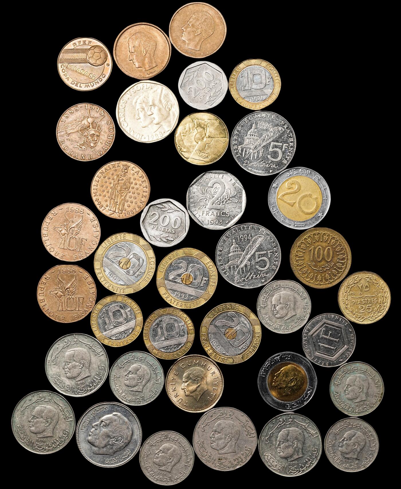 修遠堂世界钱币第八十期 法国，比利时，土耳其，突尼斯等国硬币一组