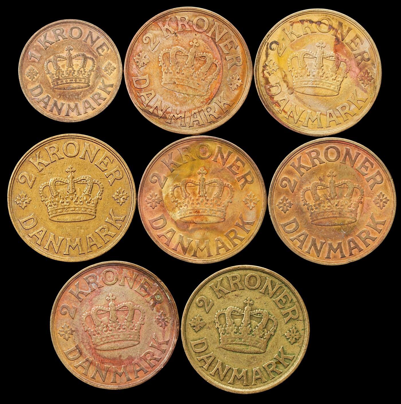 修遠堂世界钱币第八十期 丹麦皇冠1，2克朗一组 含非常稀少的1924年2克朗