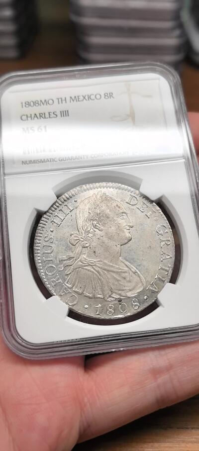 凡希社世界钱币微拍第三百零九期 荐！1808墨西哥卡四双柱NGC-MS61，原银光全深打，实物不输62的收藏级品质！（视频参考）