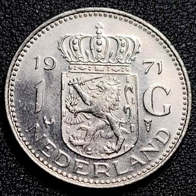 泉币菌-第82场-散币乐园场 - 原光美品 1971年 荷兰王国早期1盾 朱莉安娜女王  镍币 硬币 25mm 