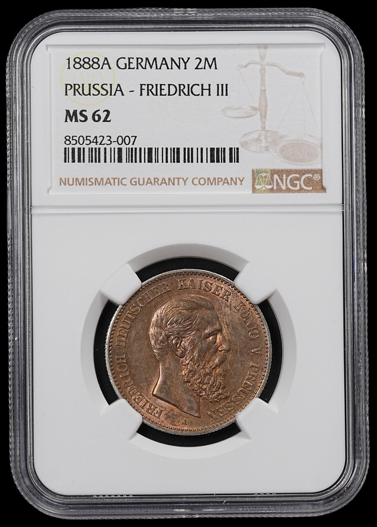 修遠堂世界钱币第八十期 NGC MS62 1888年普鲁士2马克银币 腓特烈三世 黄油彩