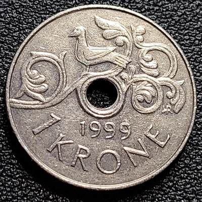 泉币菌-第84场-散币乐园场 - 挪威1999年 1克朗硬币 哈拉尔五世皇冠 中孔铜镍币 21mm
