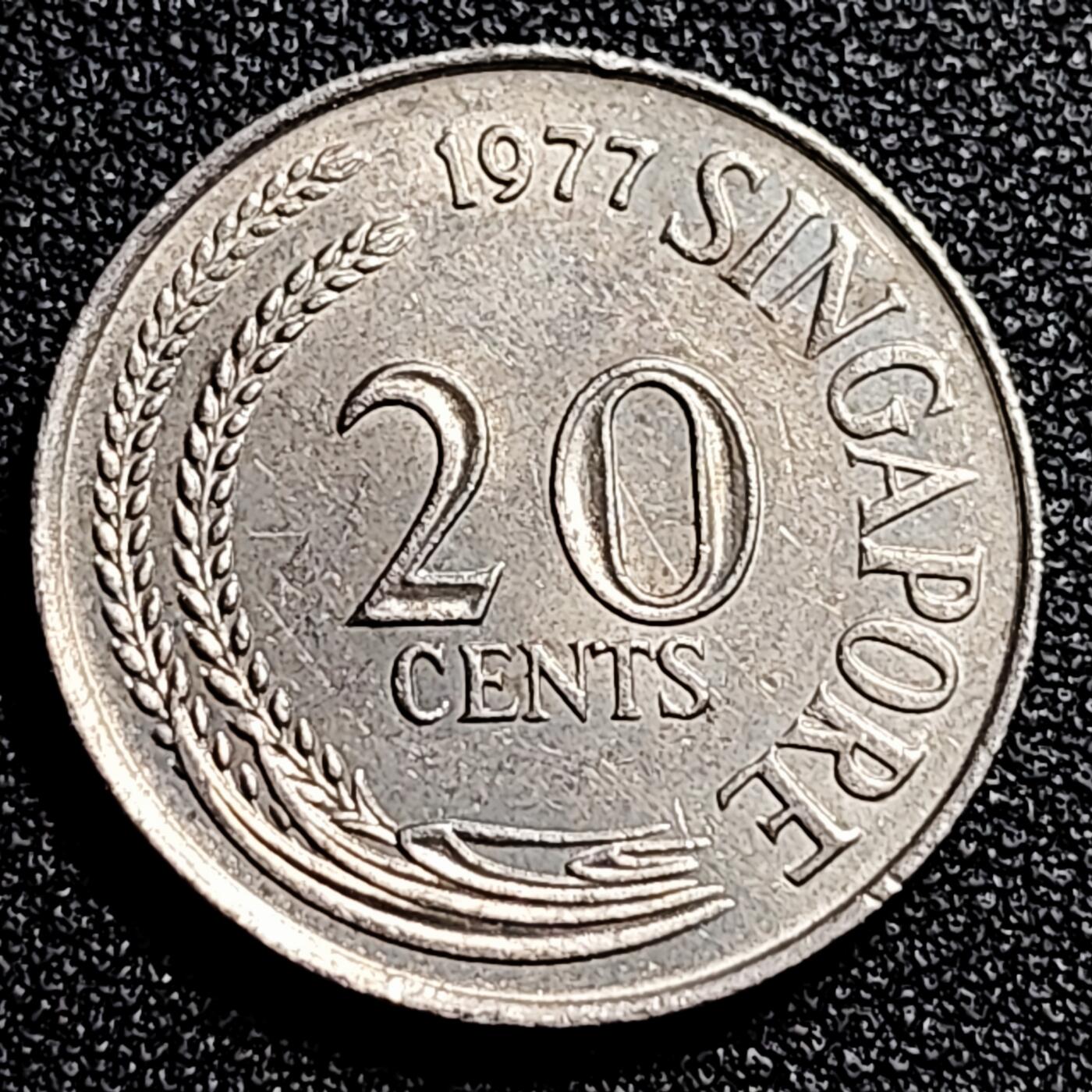 泉币菌-第80场-散币乐园场 高币值 1977年 新加坡20分 海洋动物-剑鱼 24mm 