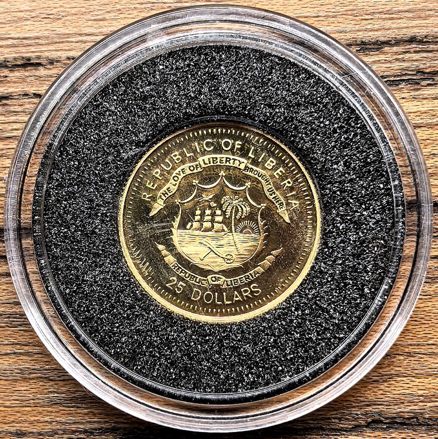 凡希社世界钱币微拍第三百零九期 2005利比里亚纪念探险家贝诺夫斯基25元小金币全品，1.25g，999金