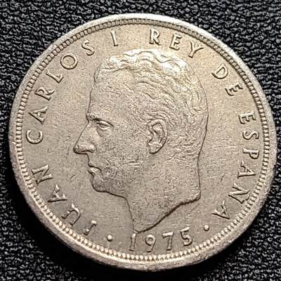 泉币菌-第84场-散币乐园场 西班牙1975年 5比塞塔镍币 卡洛斯一世 23mm  西班牙国徽