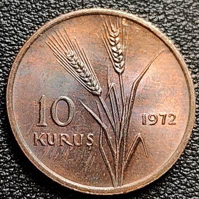 泉币菌-第84场-散币乐园场 近未流通 极美彩光 1972年土耳其10库鲁 青铜纪念币 拖拉机麦穗FAO粮农币 21.0毫米 3.5克