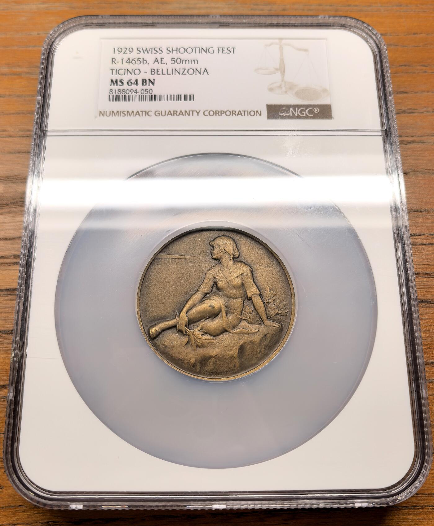 凡希社世界钱币微拍第三百零九期 1929瑞士提契诺州贝林佐纳射击节纪念铜章NGC-MS64，art-deco艺术性极佳。