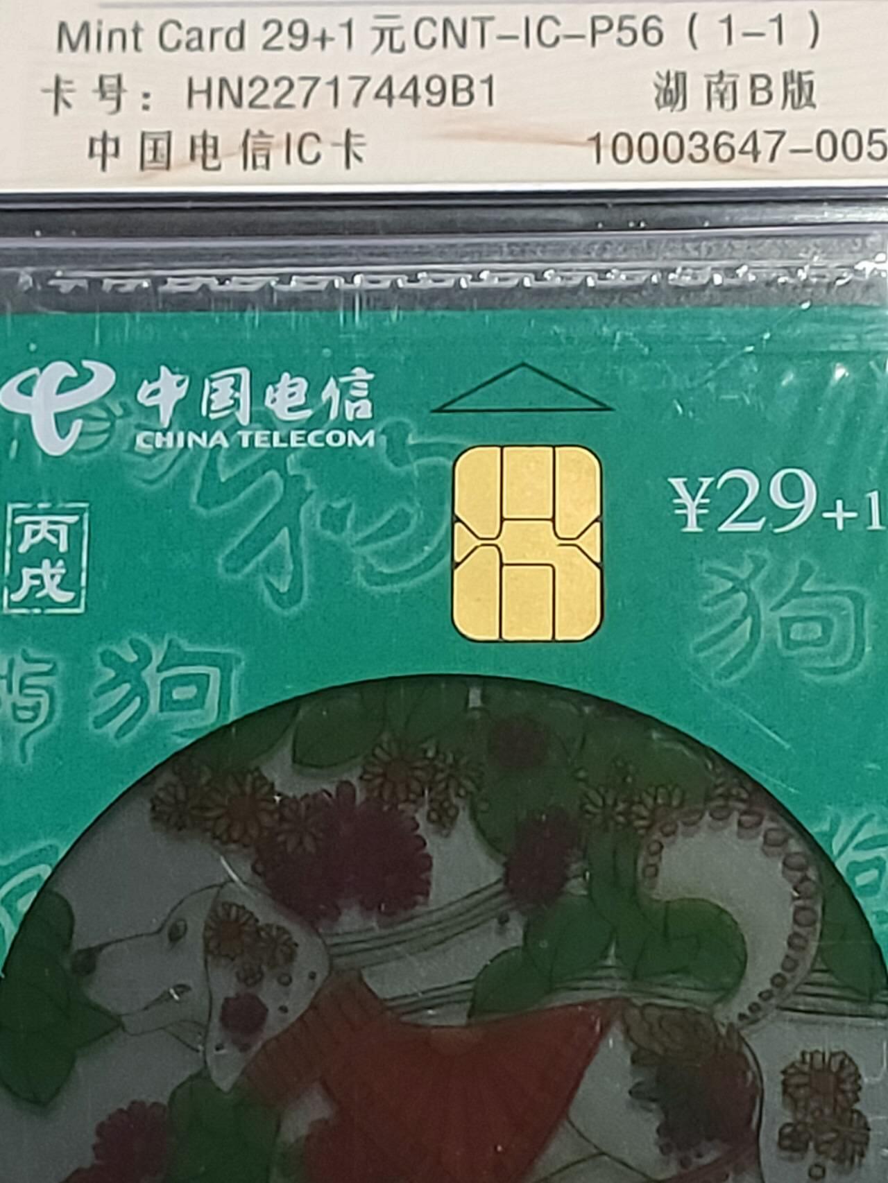 公藏第119期评级卡拍卖 电信IC卡（IC-P56  透明狗）一全湖南版，公藏原封套封装69分。公藏评级专业有卡号及防伪标。