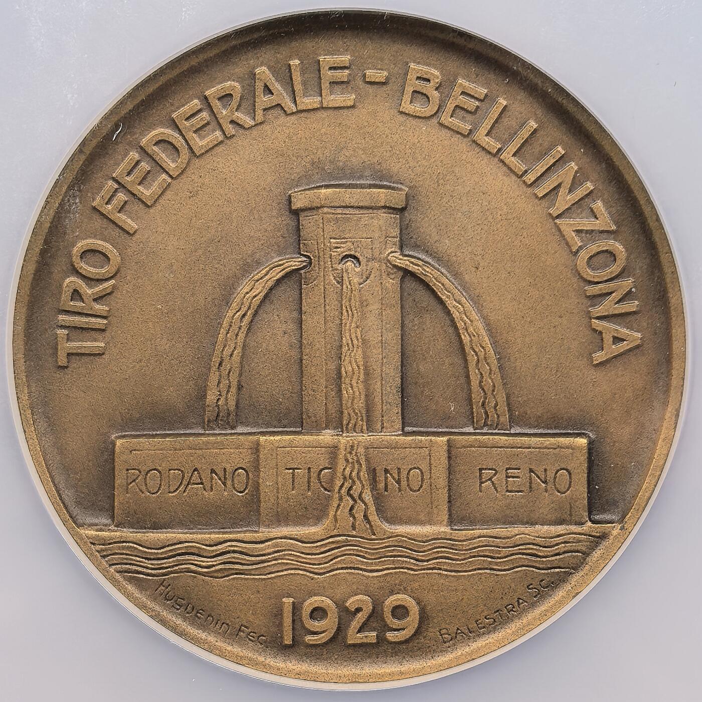 凡希社世界钱币微拍第三百零九期 1929瑞士提契诺州贝林佐纳射击节纪念铜章NGC-MS64，art-deco艺术性极佳。