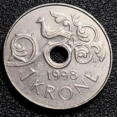 泉币菌-第82场-散币乐园场 - 挪威1998年 1克朗硬币 哈拉尔五世皇冠 中孔铜镍币 21mm