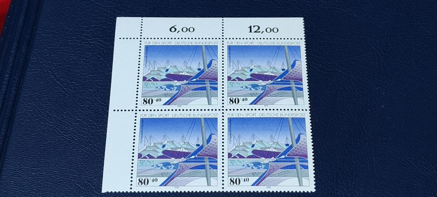 德国邮票专场，都是四方联 德国邮票四方联一张，1993年发行，奥运会场馆  体育运动场。品相如图