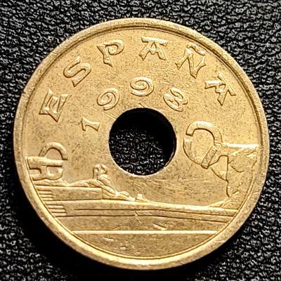 泉币菌-第84场-散币乐园场 1993年 西班牙 25比塞塔黄铜中孔纪念币 瓦斯克 卡洛斯 19.5mm 