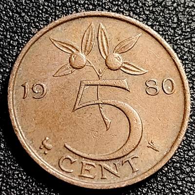泉币菌-第80场-散币乐园欢乐场 - 美品 荷兰王国 1980年5分 橙子 朱丽安娜女王 公鸡&星星暗记 青铜币 21mm 