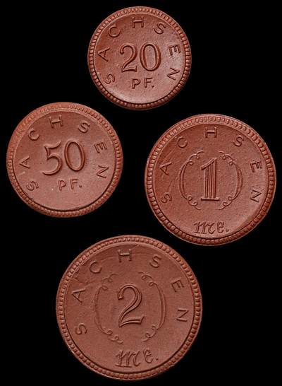 修遠堂世界钱币第八十期 - 1921年德国紧急时期萨克森陶瓷币四枚 完全未流通