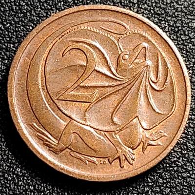 泉币菌-第80场-散币乐园场 - 美品 1977年 英属澳大利亚2分铜币 伞蜥蜴斗篷蜥 21.5mm