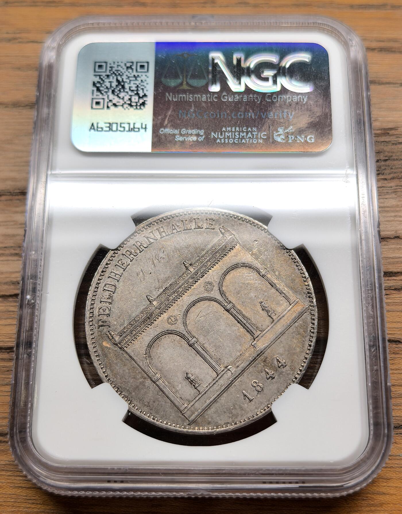 凡希社世界钱币微拍第三百零九期 1844德国巴伐利亚统帅堂纪念2泰勒NGC-UNCD，附视频