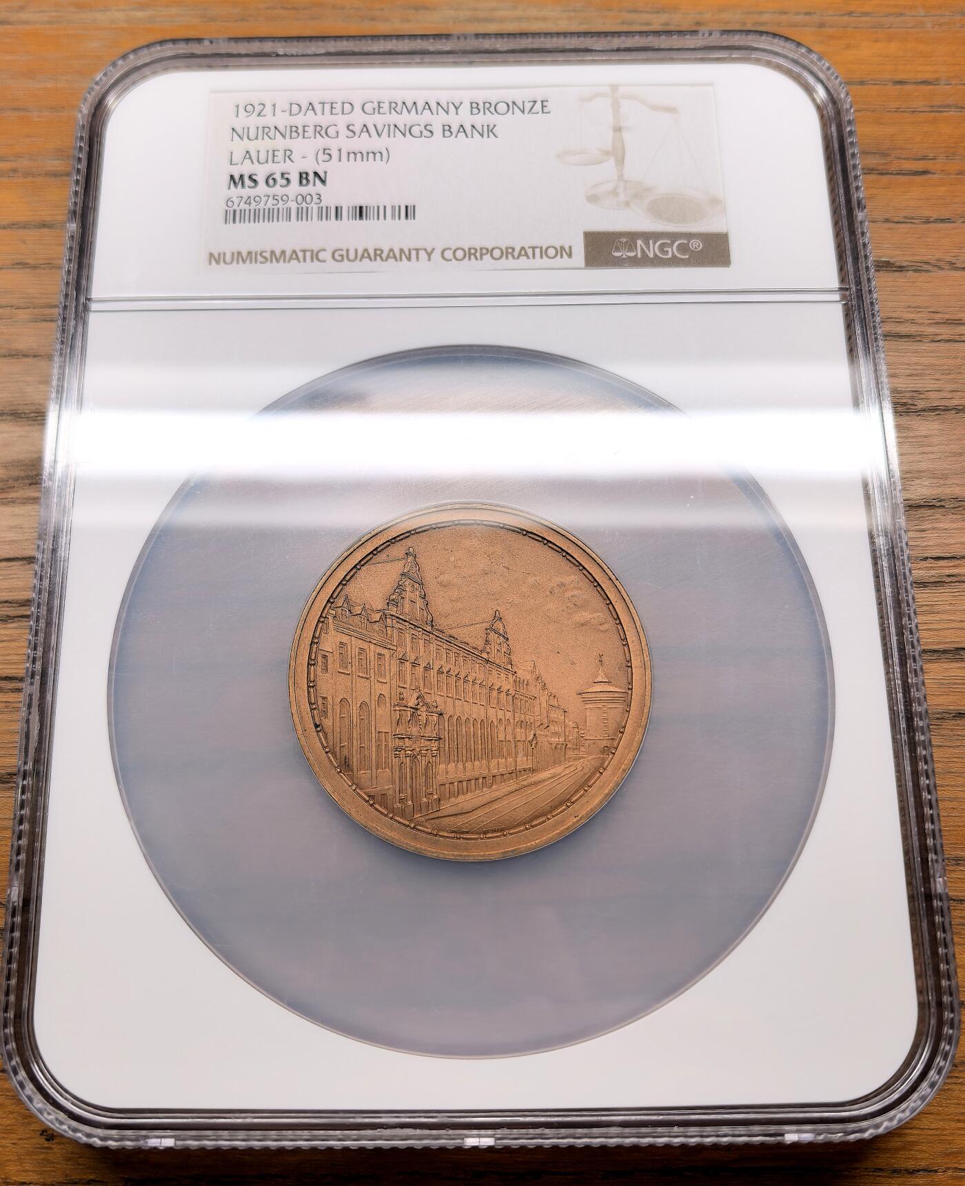凡希社世界钱币微拍第三百零九期 1921德国纽伦堡储蓄银行成立百年纪念铜章NGC-MS65