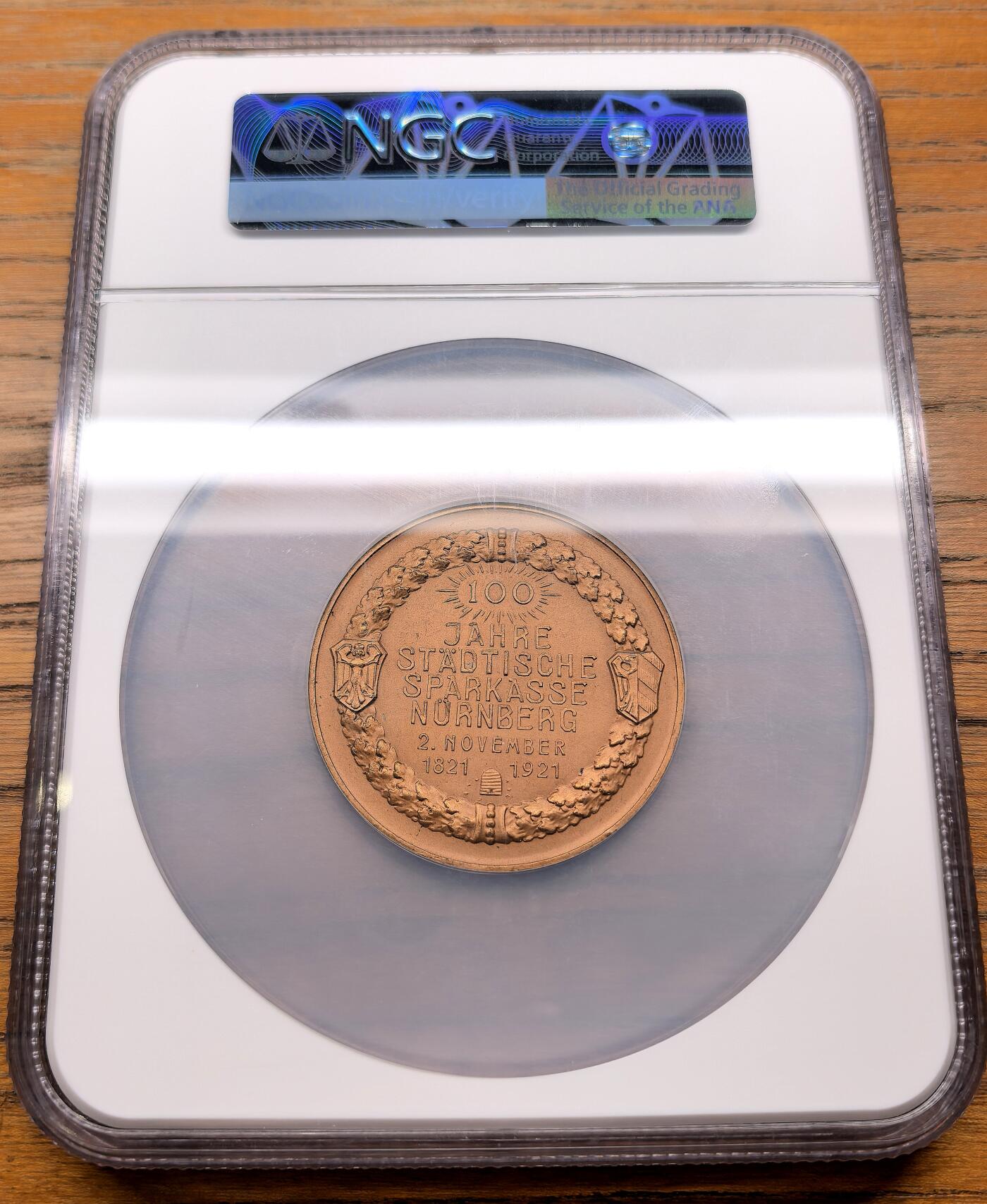 凡希社世界钱币微拍第三百零九期 1921德国纽伦堡储蓄银行成立百年纪念铜章NGC-MS65