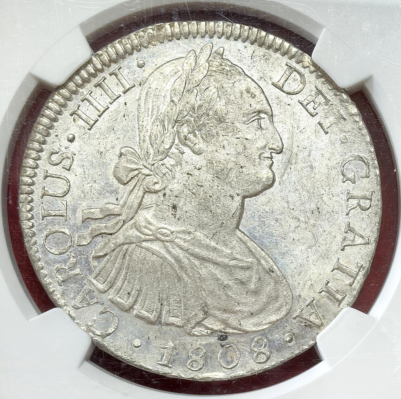 凡希社世界钱币微拍第三百零九期 荐！1808墨西哥卡四双柱NGC-MS61，原银光全深打，实物不输62的收藏级品质！（视频参考）