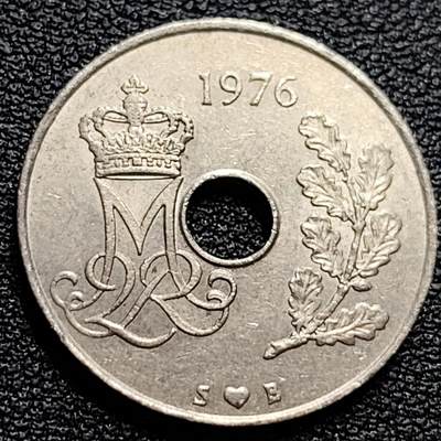 泉币菌-第84场-散币乐园场 丹麦1976年 25欧尔中孔镍币 玛格丽特二世花押 