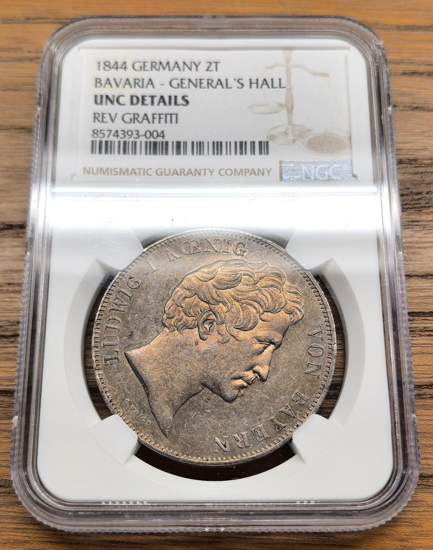凡希社世界钱币微拍第三百零九期 1844德国巴伐利亚统帅堂纪念2泰勒NGC-UNCD，附视频