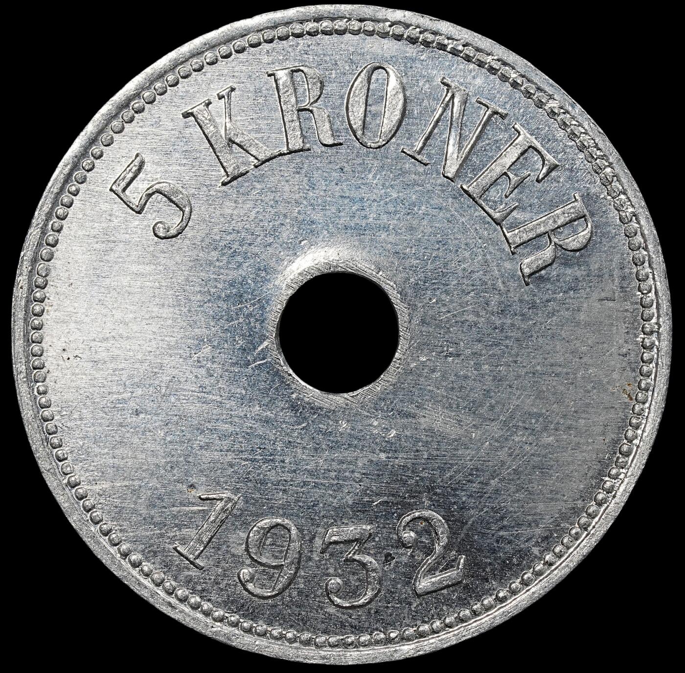 修遠堂世界钱币第八十期 1932年格陵兰-坎普.约克角5克朗铝代用币 仅铸造500枚