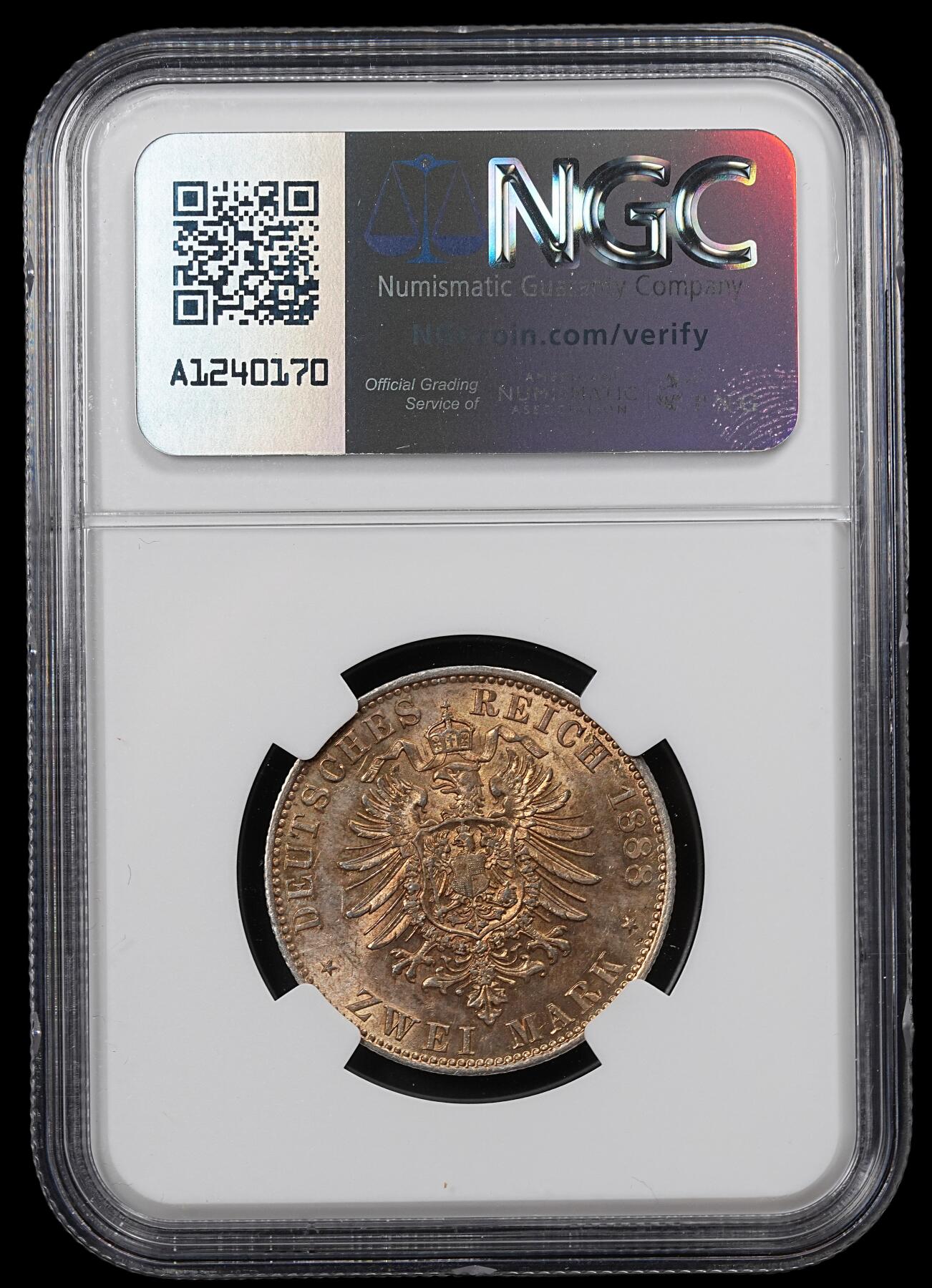 修遠堂世界钱币第八十期 NGC MS62 1888年普鲁士2马克银币 腓特烈三世 黄油彩