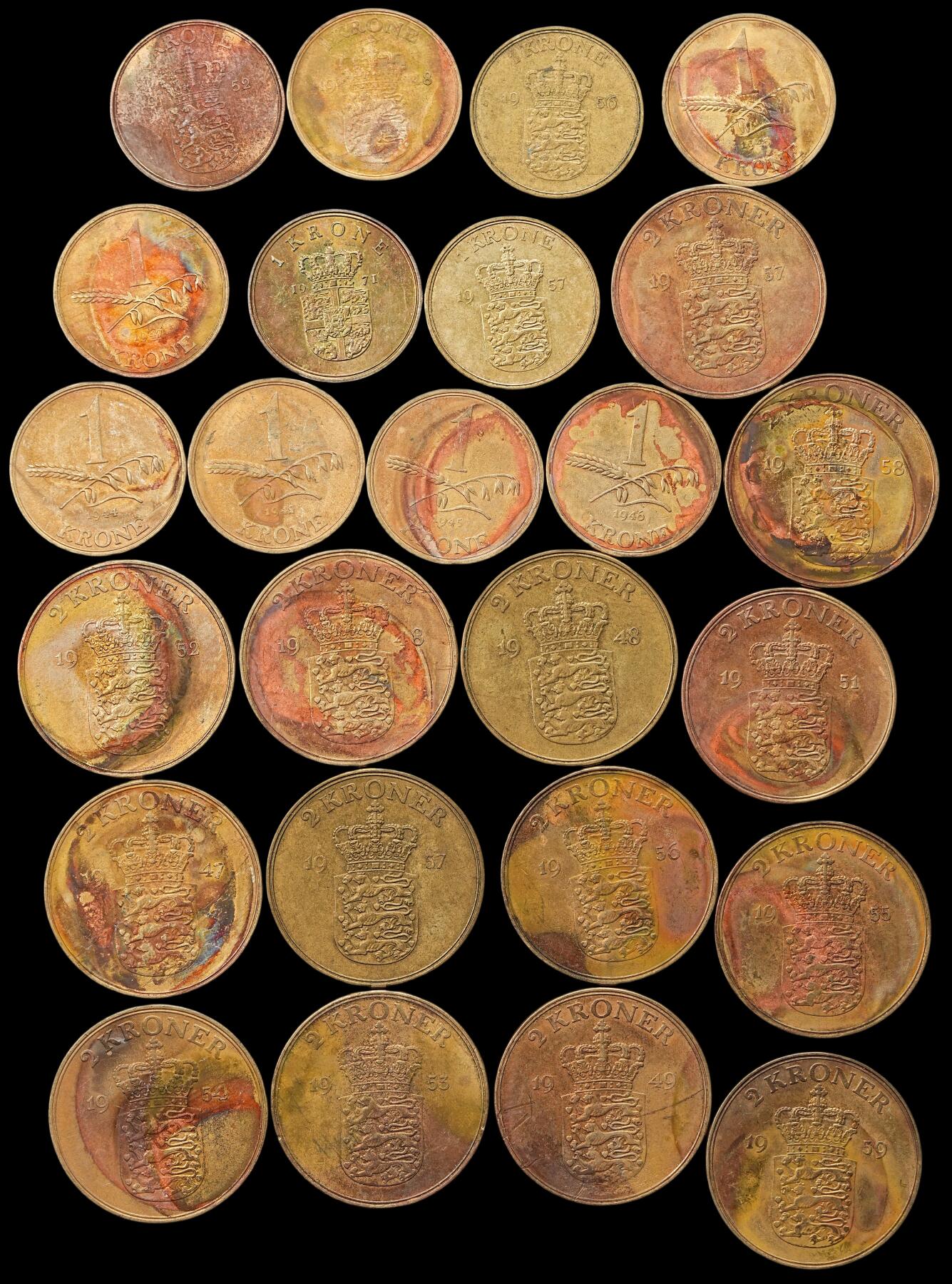 修遠堂世界钱币第八十期 丹麦黄铜1，2克朗一组