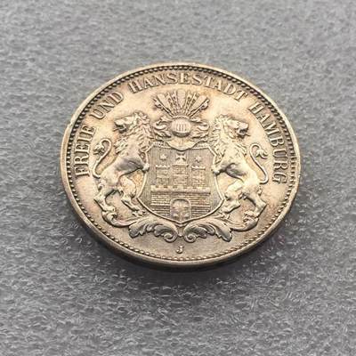 世界钱币专场拍卖 - 1909年前德国汉堡自由市双狮3马克流通银币 16.7克