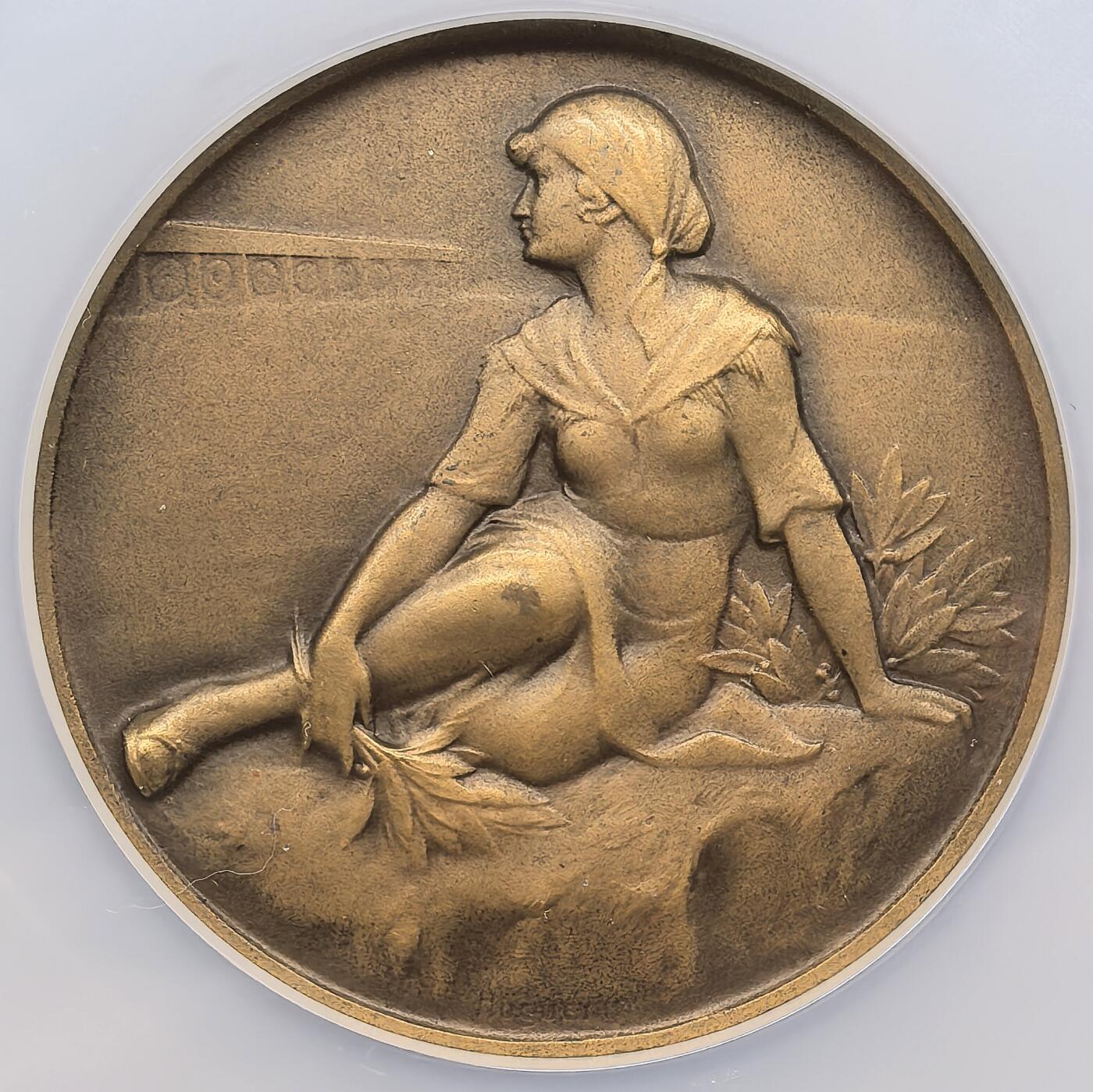 凡希社世界钱币微拍第三百零九期 1929瑞士提契诺州贝林佐纳射击节纪念铜章NGC-MS64，art-deco艺术性极佳。