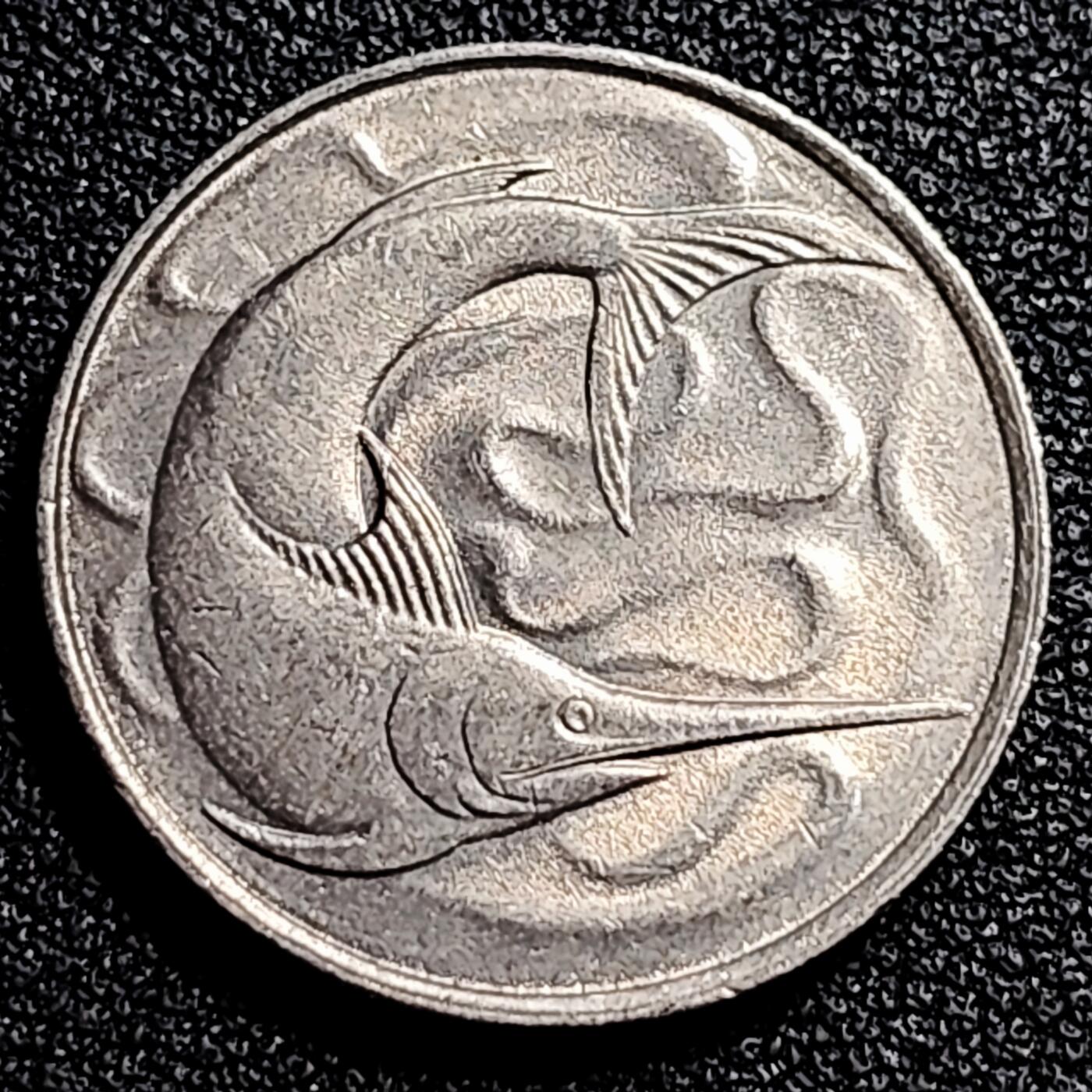 泉币菌-第80场-散币乐园场 高币值 1977年 新加坡20分 海洋动物-剑鱼 24mm 